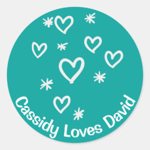 Sticker Rond Amour Coeurs blancs Turquoise Bleu Mariage personn