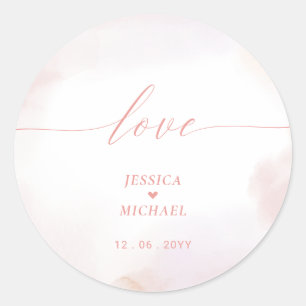 Sticker Rond Amour   Coral Rose Coeur & Aquarelle Mariage Favor