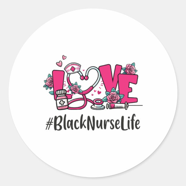 Sticker Rond Amour de infirmière noire Saint Valentin Mignon Cœ (Devant)