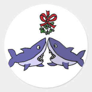 Sticker Rond Amour de Noël amusant requin Mistletoe