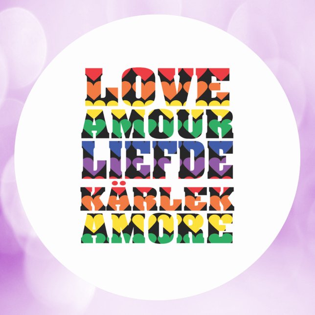 Sticker Rond Amour de nombreuses langues Coeurs Arc-en-ciel (A sticker that says love in a variety of languages with colorful hearts)