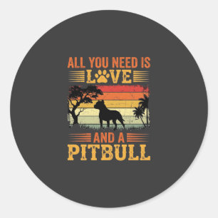 Sticker Rond Amour de Pitbull Coucher de Soleil Rétro Chien