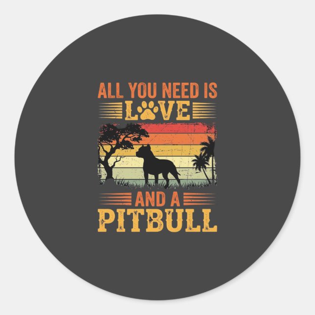 Sticker Rond Amour de Pitbull Coucher de Soleil Rétro Chien (Devant)