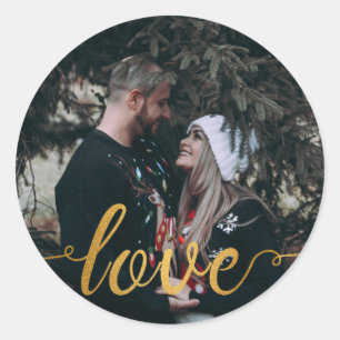 Sticker Rond Amour de script calligraphique en feuille d'or pho
