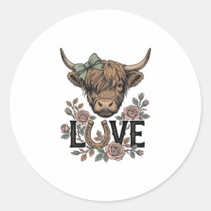 Sticker Rond Amour de vache des Highlands Fleurs vintage fer à 