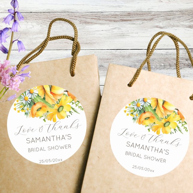 Sticker Rond Amour en fleur printemps nuptiale bonsoir (Love in bloom spring summer bridal shower thank you favor sticker yellow daisy favor stickers)
