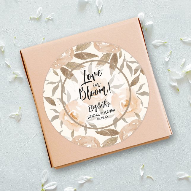 Sticker Rond Amour en fleurs floral rustique pêche (Love in Bloom Rustic Peach Floral Round Stickers 3 inch)