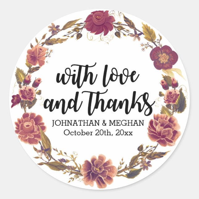 Sticker Rond Amour et Merci Automne Wreath Wedding Favor (Devant)