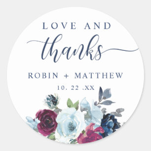 Sticker Rond Amour et Merci Berry Blue Burgundy Floral Favorise