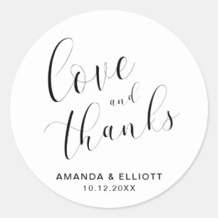 Sticker Rond Amour et Merci Noir Blanc Élégant Mariage Faveur