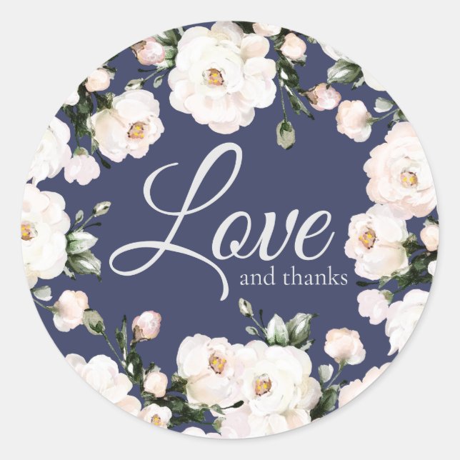 Sticker Rond Amour et Merci Purple Elegant White Roses Mariage (Devant)
