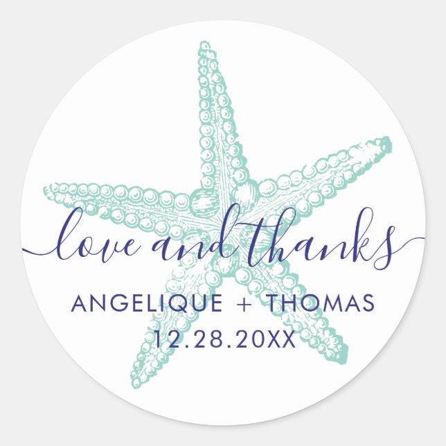 Sticker Rond Amour et Merci Starfish Beach Wedding Favor (Devant)