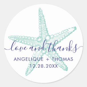 Sticker Rond Amour et Merci Starfish Beach Wedding Favor