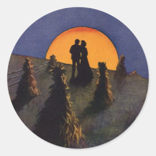Sticker Rond Amour et romance vintage, baiser sous la lune de r