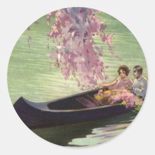 Sticker Rond Amour et romance vintage, promenade en canoé roman
