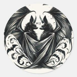 Sticker Rond Amour gothique de chauves-souris argent crème noir