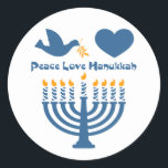 Sticker Rond Amour Hanoukka de paix<br><div class="desc">Festival de la conception de Hanoukka de lumières qui indique l'AMOUR HANOUKKA de PAIX avec une colombe et une branche d'olivier,  coeur et menorah allumé. Original de PinkInkArt !</div>