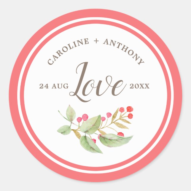 Sticker Rond Amour. Mariage de la branche de baies d'aquarelle (Devant)