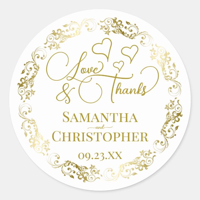 Sticker Rond Amour & Merci Elegant Gold & White Wedding Favoris (Devant)