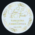 Sticker Rond Amour & Merci Élégant Mariage Bleu et Or<br><div class="desc">Ces beaux autocollants bleu poudre pâle sont conçus pour être utilisés comme étiquettes de faveur de mariage, ou comme scellés d'enveloppe pour vos cartes de remerciement mariage. L'élégant design comporte une bordure dorée en dentelle ornée avec des lettres de script fantaisie "Amour & Merci!" Il y a des coeurs romantiques...</div>