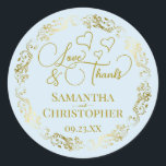 Sticker Rond Amour & Merci Élégant Mariage Bleu et Or<br><div class="desc">Ces beaux autocollants bleu poudre pâle sont conçus pour être utilisés comme étiquettes de faveur de mariage, ou comme scellés d'enveloppe pour vos cartes de remerciement mariage. L'élégant design comporte une bordure dorée en dentelle ornée avec des lettres de script fantaisie "Amour & Merci!" Il y a des coeurs romantiques...</div>