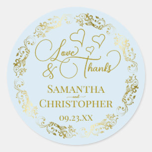 Sticker Rond Amour & Merci Élégant Mariage Bleu et Or