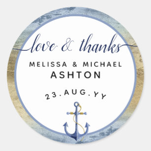 Sticker Rond Amour & Merci #Nautical Blue & Gold #Wedding Favor