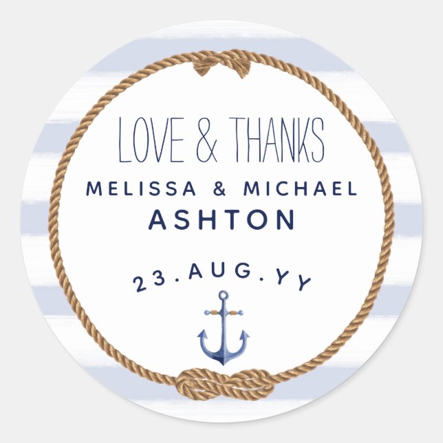 Sticker Rond Amour & Merci Nautique Bleu & Blanc Mariage Favori (Devant)