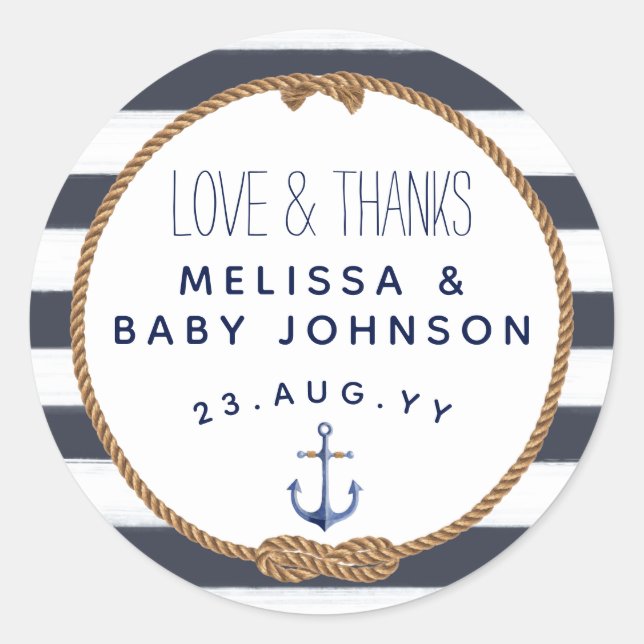 Sticker Rond Amour & Merci Nautique Marine Bleu Baby shower Fav (Devant)