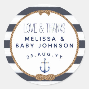 Sticker Rond Amour & Merci Nautique Marine Bleu Baby shower Fav