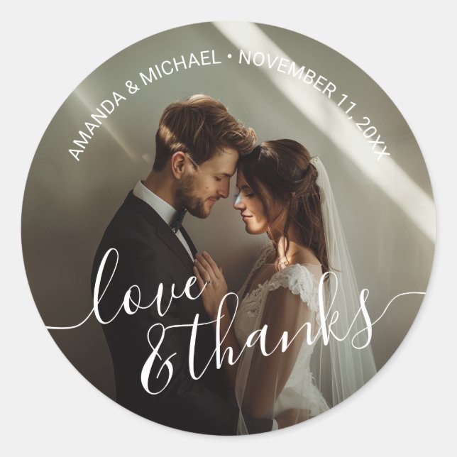 Sticker Rond 'Amour & Merci' Photo personnalisée Mariage Faveur (Devant)