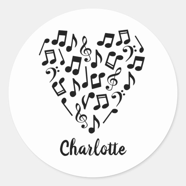 Sticker Rond Amour Musique Cœur de Musique Notes avec Nom (Devant)
