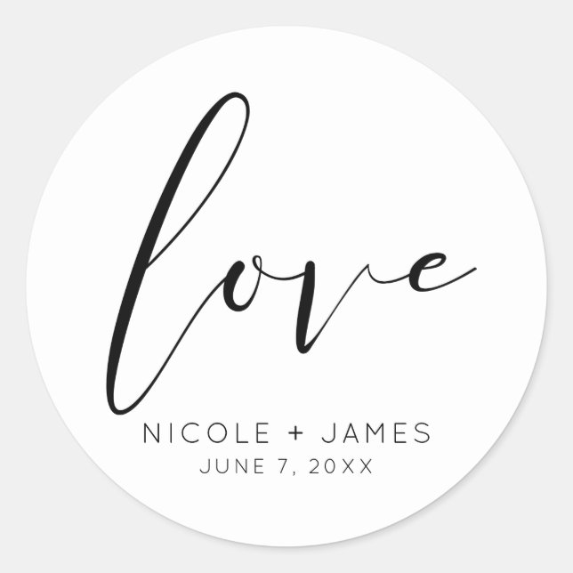 Sticker Rond Amour Noir & Blanc Mariage Minimal Moderne (Devant)
