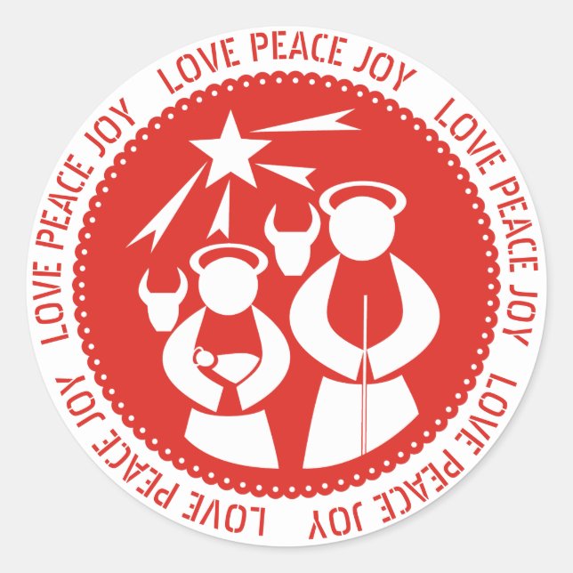 Sticker Rond Amour, Paix, Joie Nativité Scène rouge Noël (Devant)