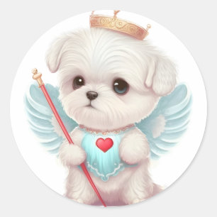 Sticker Rond Amour paradisiaque : Chien maltais mignon