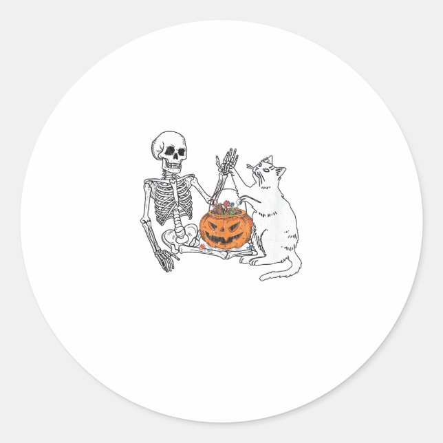 Sticker Rond Amoureux de les chats Halloween Funny Skeleton et  (Devant)