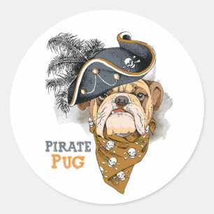 Sticker Rond Amoureux de les chiens mignons Carlin Pirate Casqu