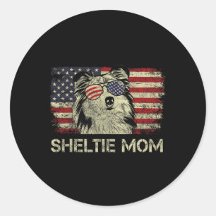 Sticker Rond Amoureux de Sheltie Maman Chiens Drapeau Américain