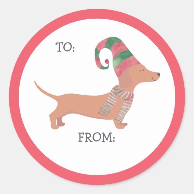 Sticker Rond Amoureux des chiens chiot de Noël de Cute Dachshun (Devant)