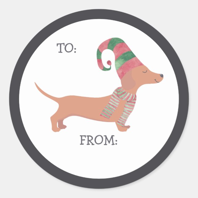 Sticker Rond Amoureux des chiens chiot de Noël de Cute Dachshun (Devant)