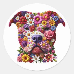Sticker Rond Amoureux des chiens de la face de fleurs Pitbull