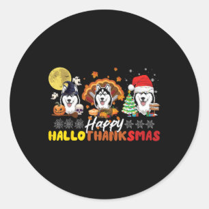 Sticker Rond Amoureux des chiens Husky Happy HalloThanksmas Hap