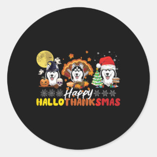 Sticker Rond Amoureux des chiens Husky Happy HalloThanksmas Hap