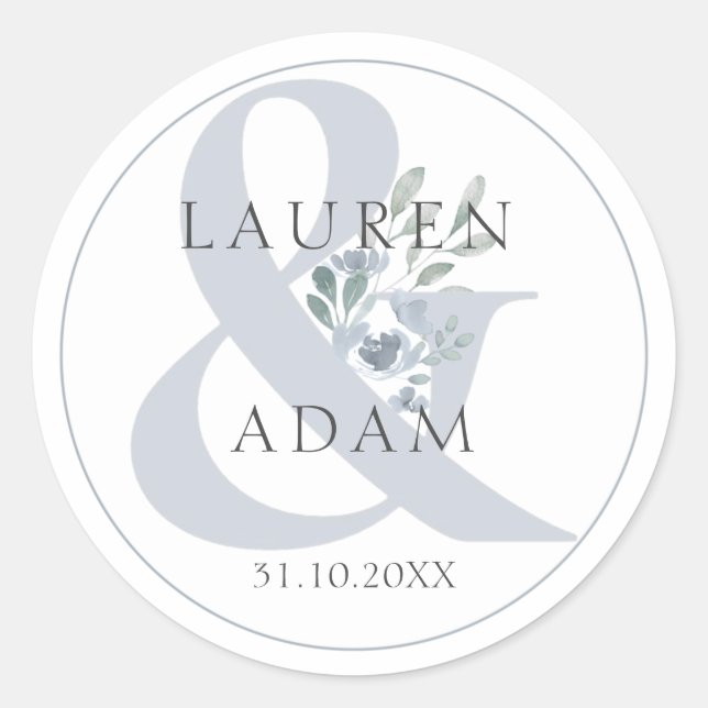 Sticker Rond Ampersand bleu rustique et Mariage floral (Devant)