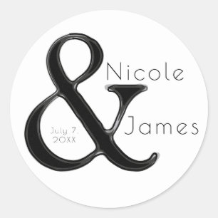 Sticker Rond Ampersand chic noir et blanc, cadeau de mariage pe