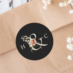 Sticker Rond Ampersand floral élégant mariage Monogramme noir