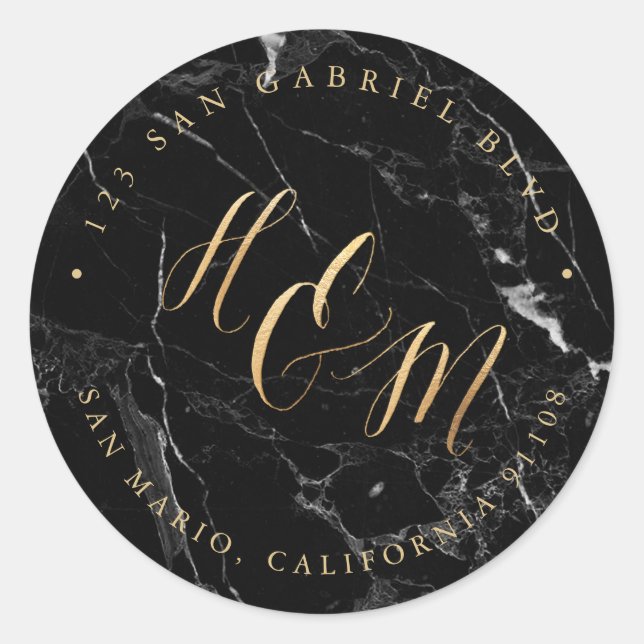 Sticker Rond Ampersand Monogramme Calligraphie Faux Gold Marble (Devant)