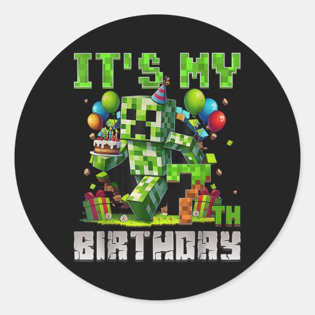 Sticker Rond Amusant 7 ans 7e anniversaire Pixel Art Gamer Boys (Devant)