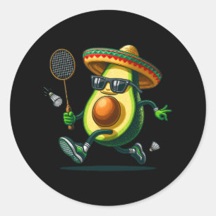 Sticker Rond Amusant Avocado montrant compétences Badminton Cin