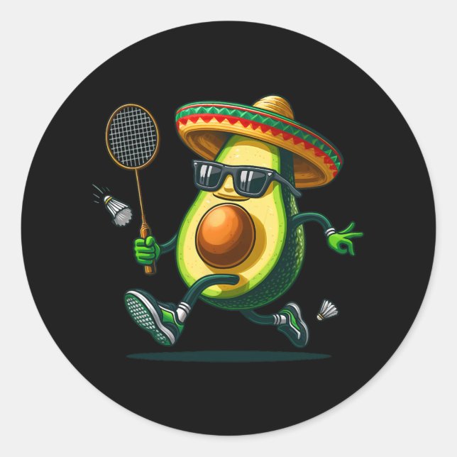 Sticker Rond Amusant Avocado montrant compétences Badminton Cin (Devant)